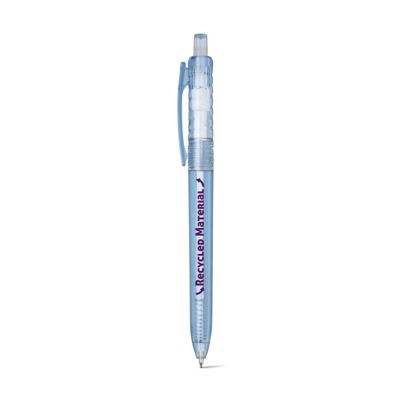 Blue recycled-material pen with clear grip.