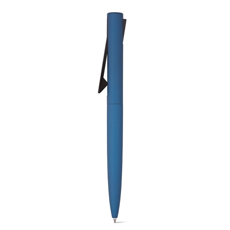 Matte blue pen with clip on white background.