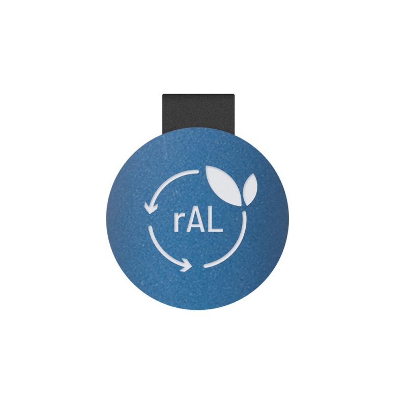 Blue eco-friendly symbol with leaf and arrows.
