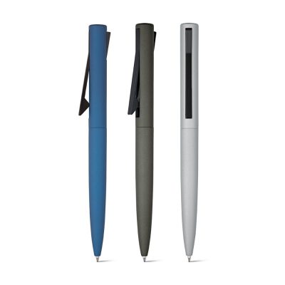 Three modern ballpoint pens in blue, grey, and silver.