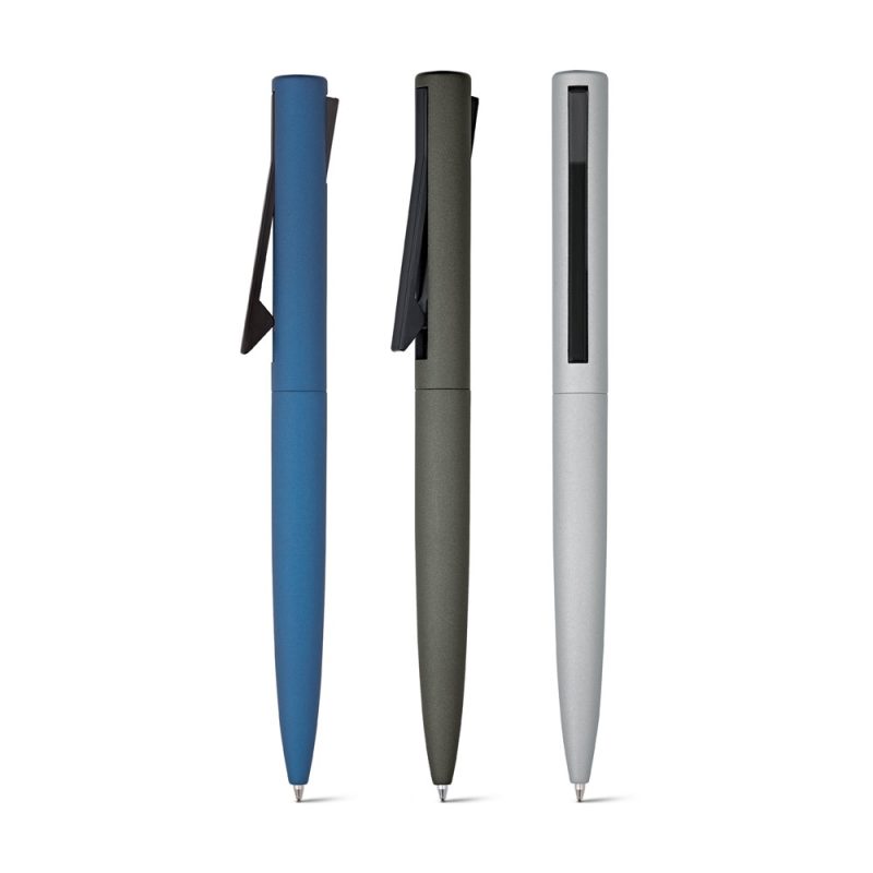 Three modern ballpoint pens in blue, grey, and silver.