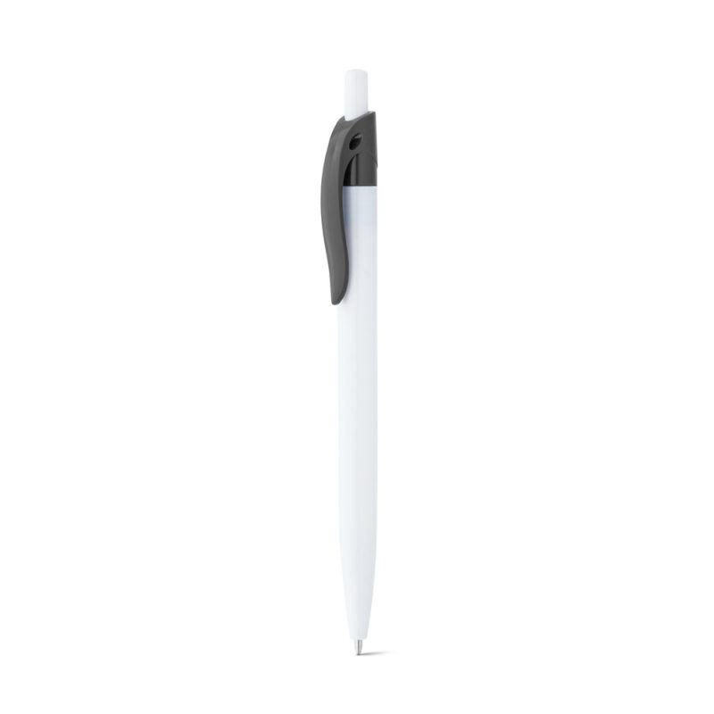 White retractable pen with black clip.