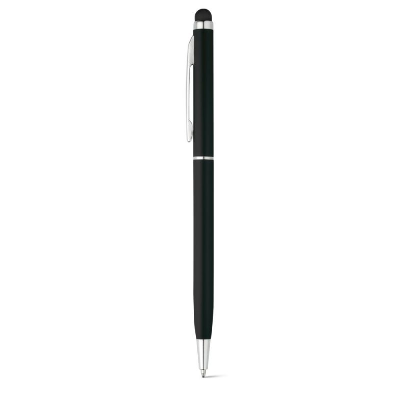 Black stylus pen with silver tip and clip.