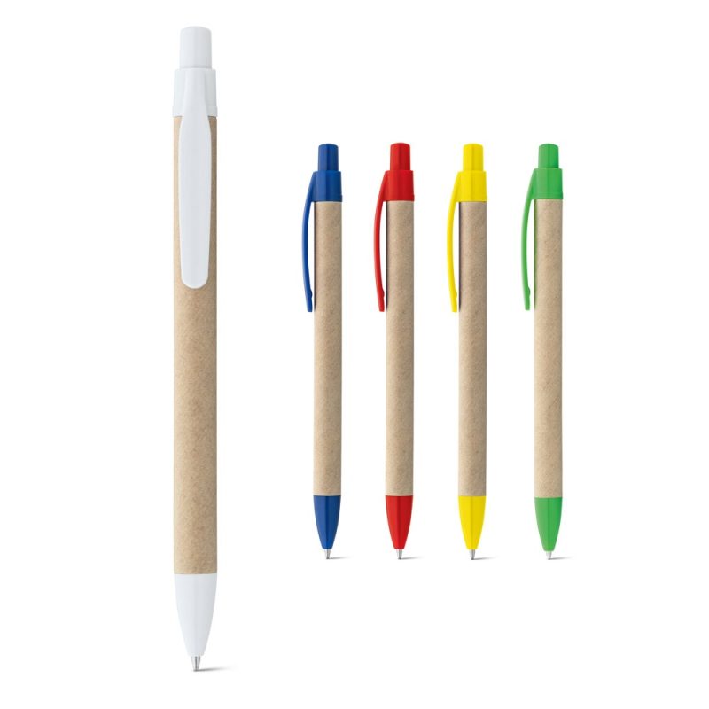 Eco-friendly pens with colourful caps display.
