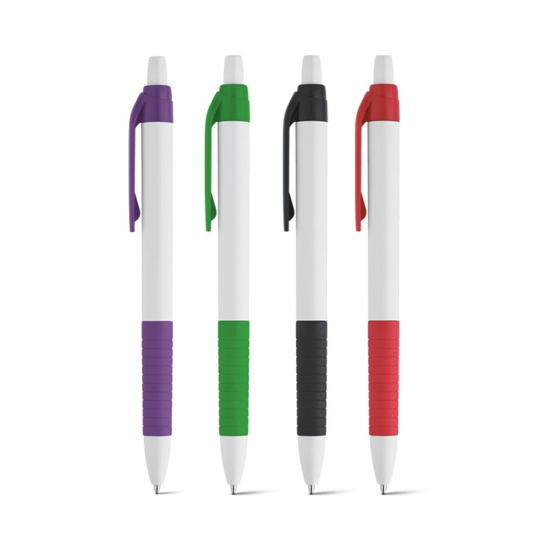 Four pens with colourful grips and clips.