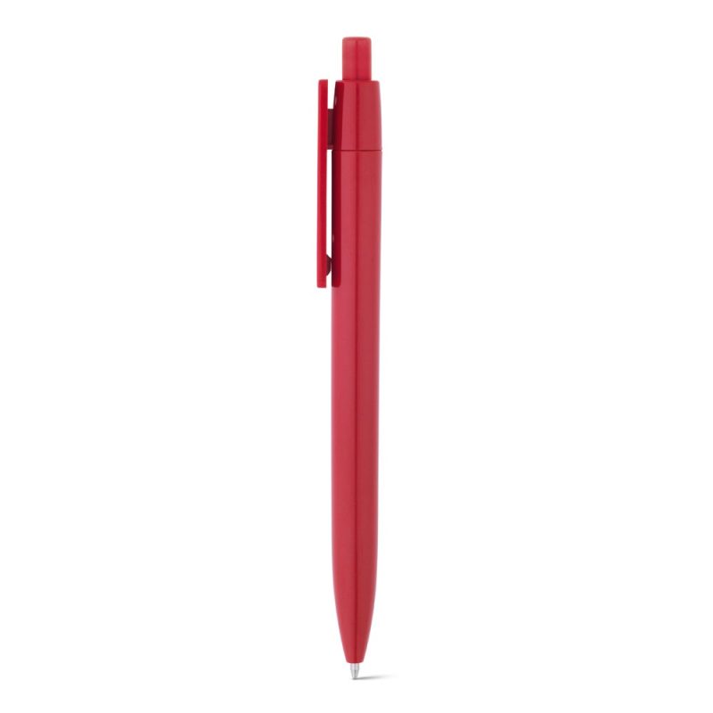 Red plastic ballpoint pen with retractable tip.