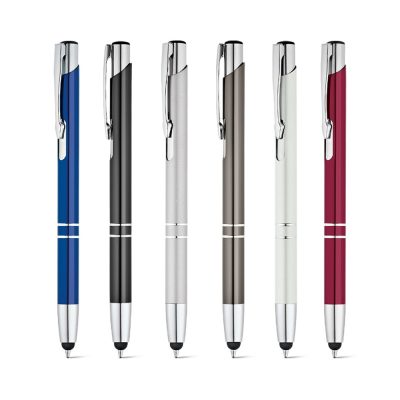 Assorted coloured pens with clips in a row.