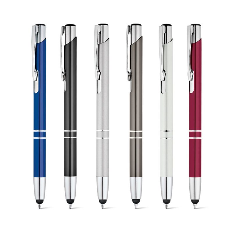 Assorted coloured pens with clips in a row.