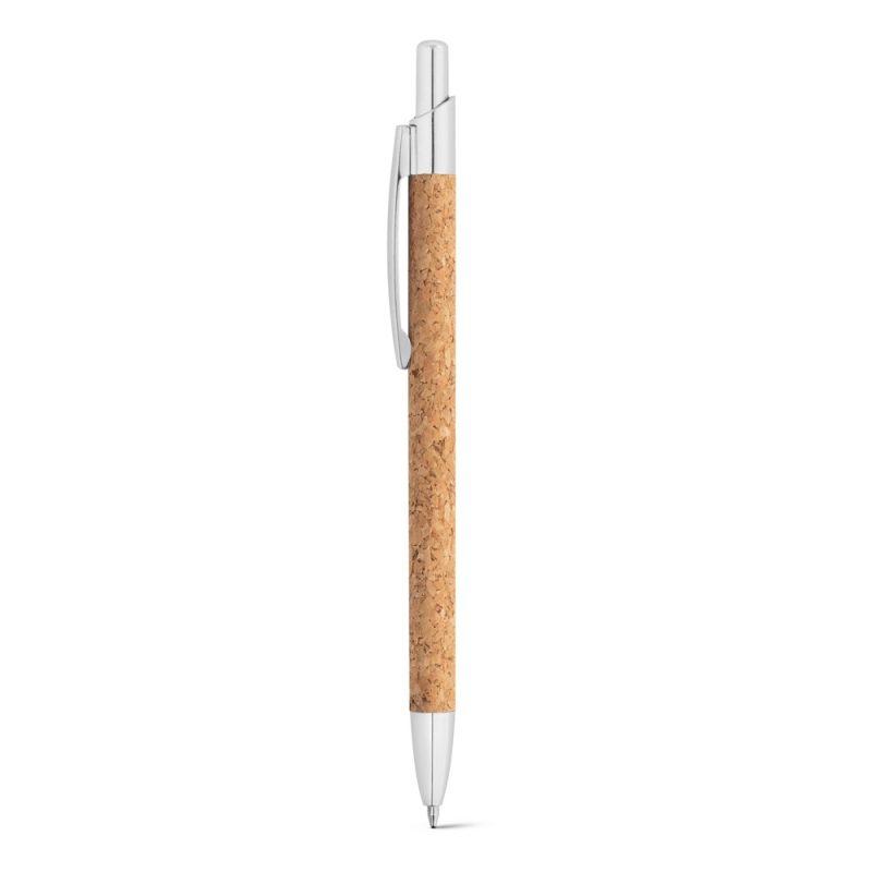 Cork and metal retractable pen on white background.