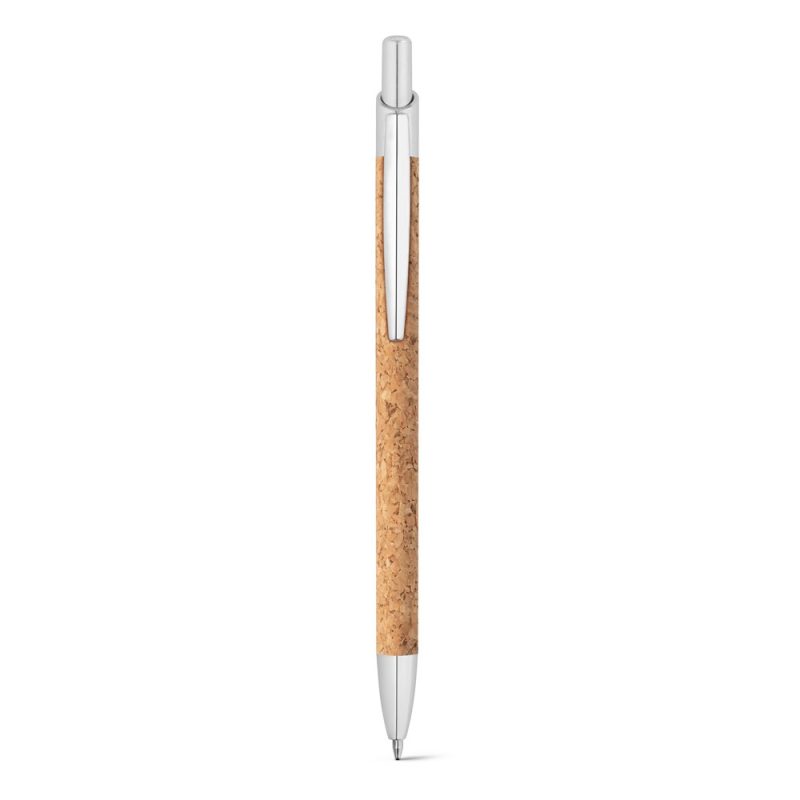 Eco-friendly cork ballpoint pen with silver accents.