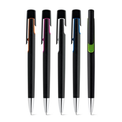 Five black pens with colourful clips.