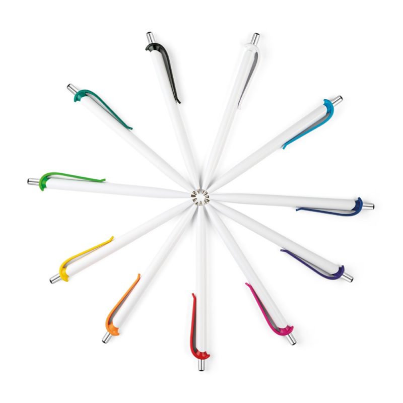 Colourful pens arranged like a starburst on white background.