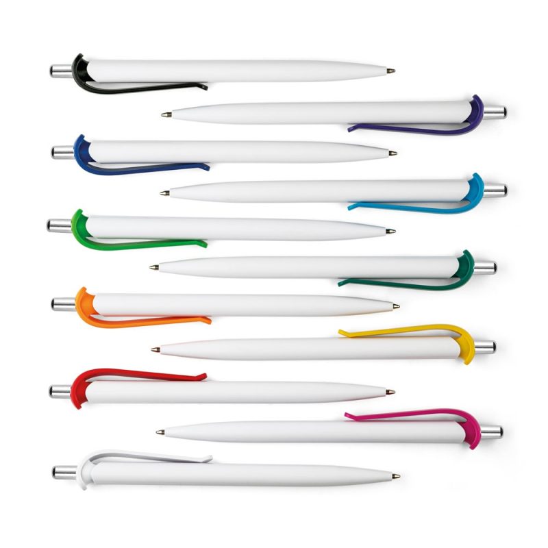 Assorted colour pens with white barrels.