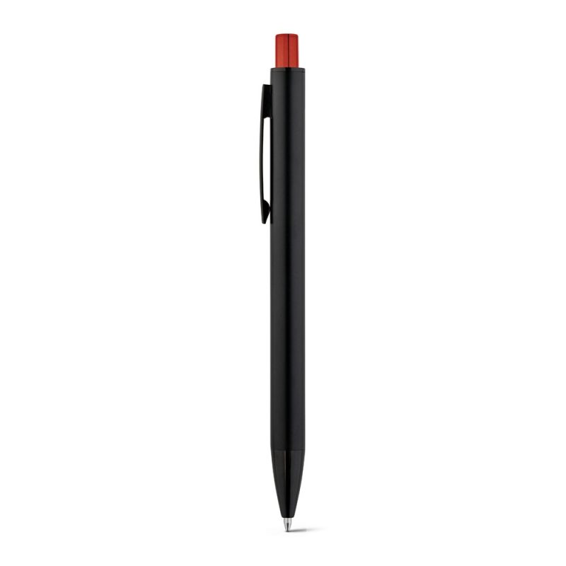 Sleek black pen with red top button.