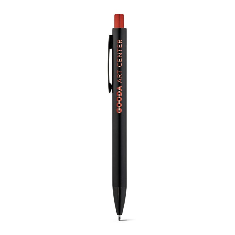 Black pen with red push button and clip.