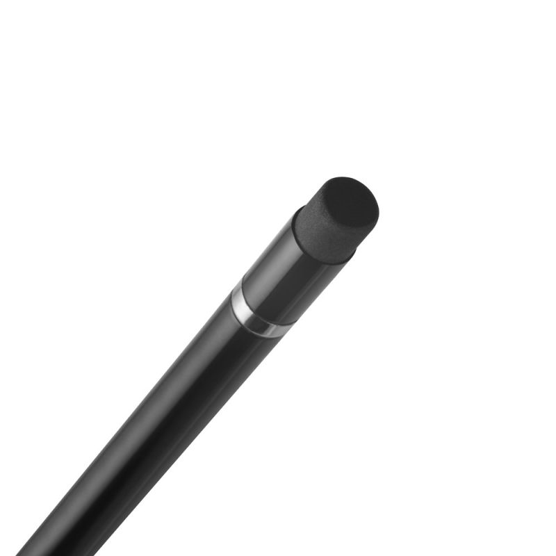 Black stylus pen close-up on white background.