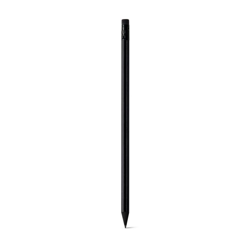 Black pencil with eraser on white background.