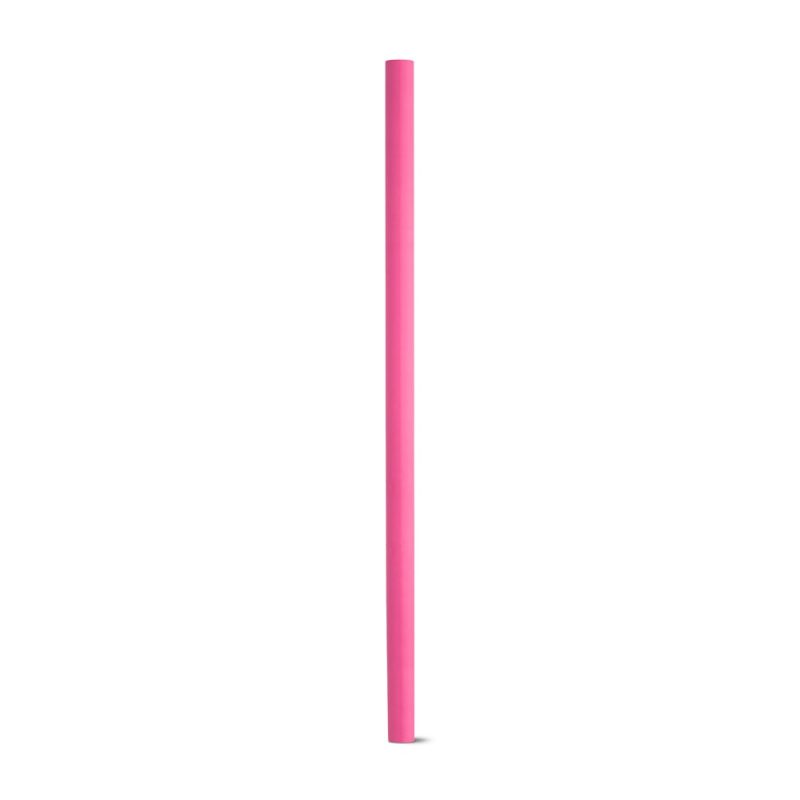 Single pink cocktail straw on white background.