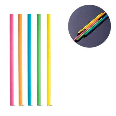 Five vibrant coloured papermate pens in a row.