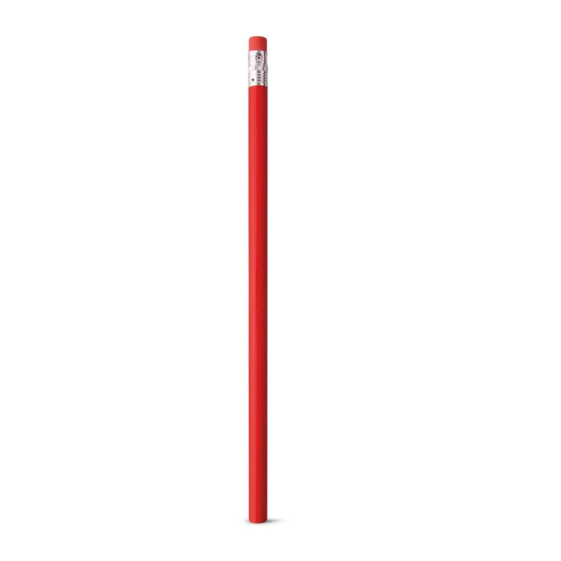 Red pencil with eraser on white background