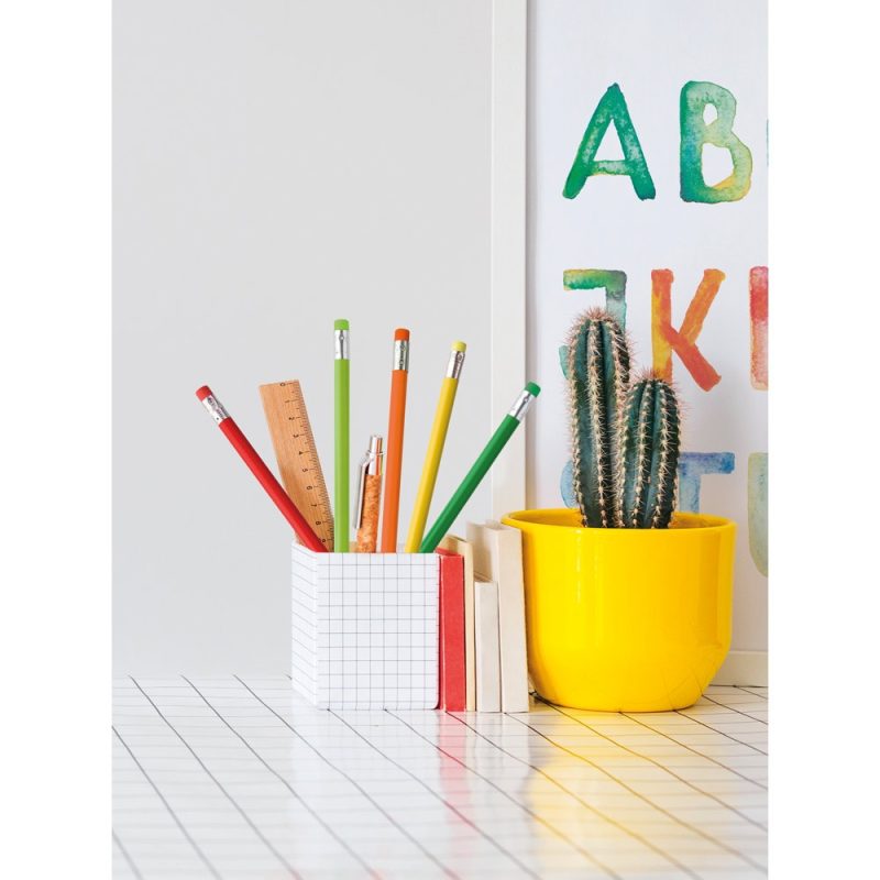 Colourful pencils and cactus on a tiled desk.
