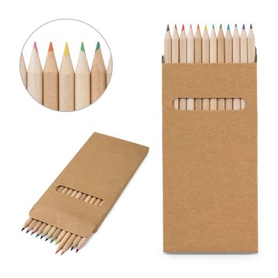 Cardboard box of coloured pencils with close-up.