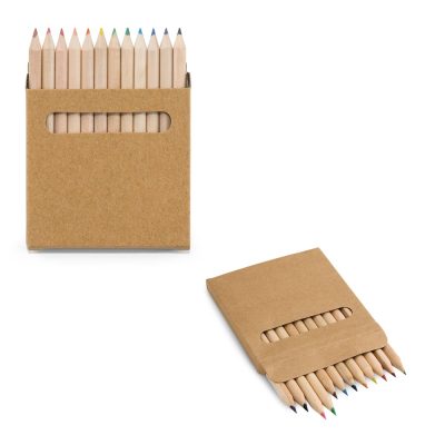 Set of coloured pencils in brown cardboard box.