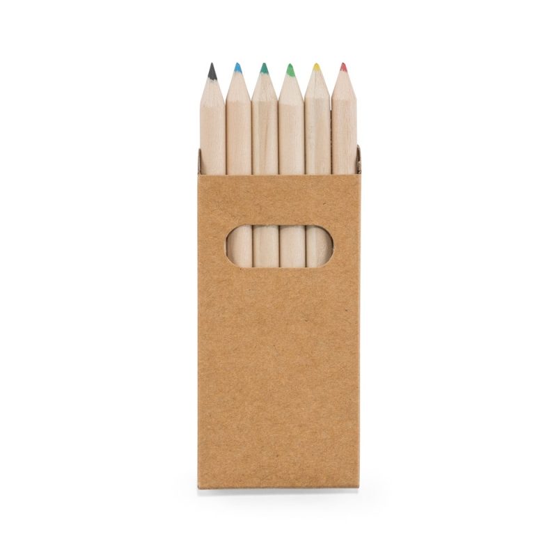 Set of coloured pencils in cardboard box.