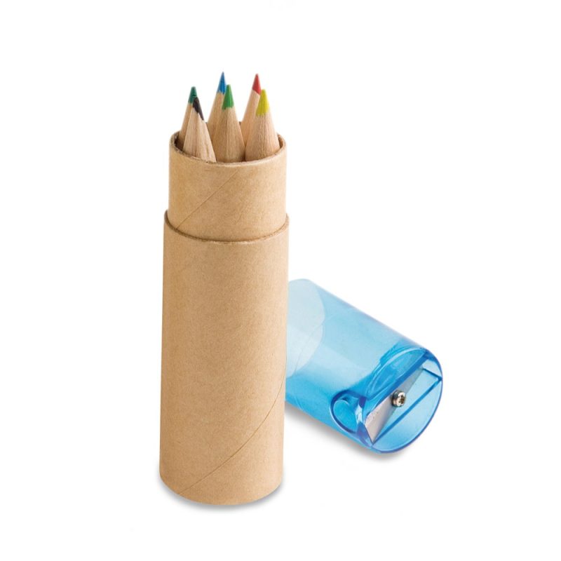 Coloured pencils in cardboard tube with sharpener.