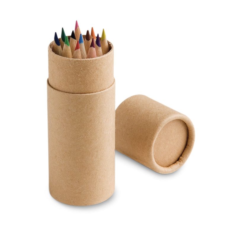 Recycled cardboard tube with coloured pencils.