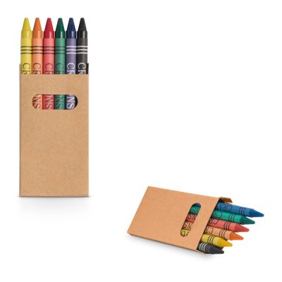 Colourful crayons in a cardboard box.