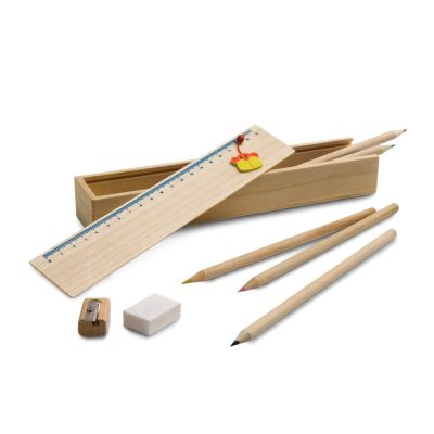 Wooden stationery set: pencils, ruler, eraser, sharpener.