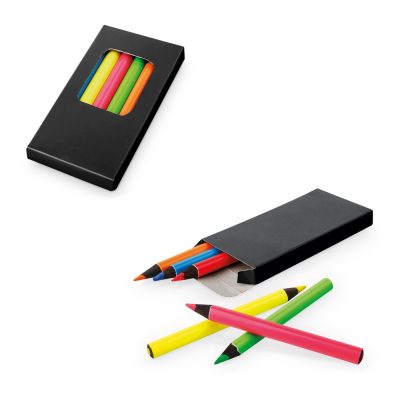 Colourful pencils in black cardboard box.