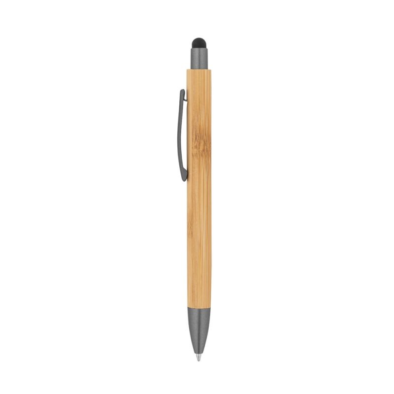 Eco-friendly bamboo ballpoint pen with stylus tip.