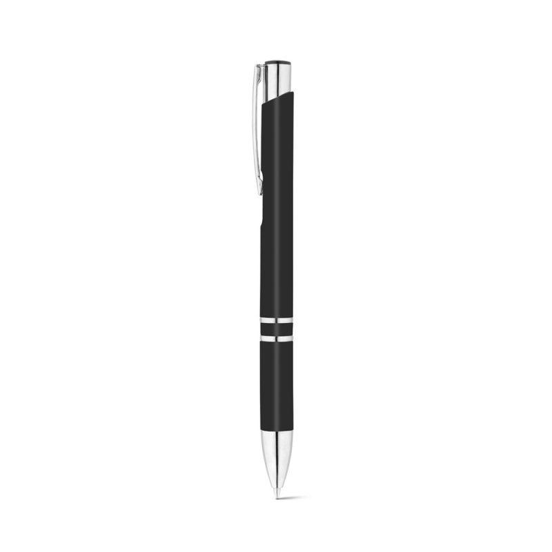 Black and silver ballpoint pen with clip.