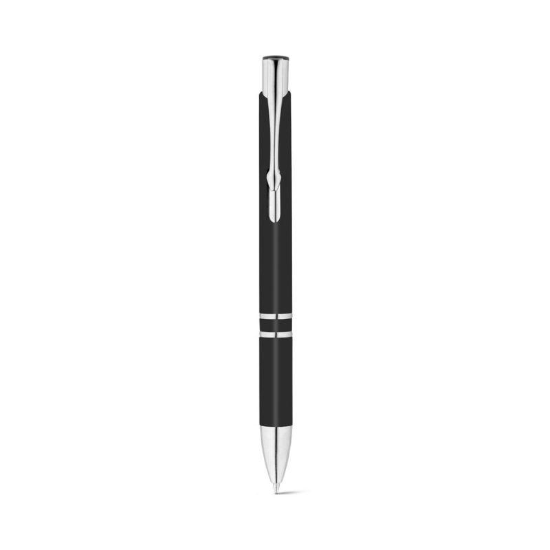 Black ballpoint pen with silver accents.