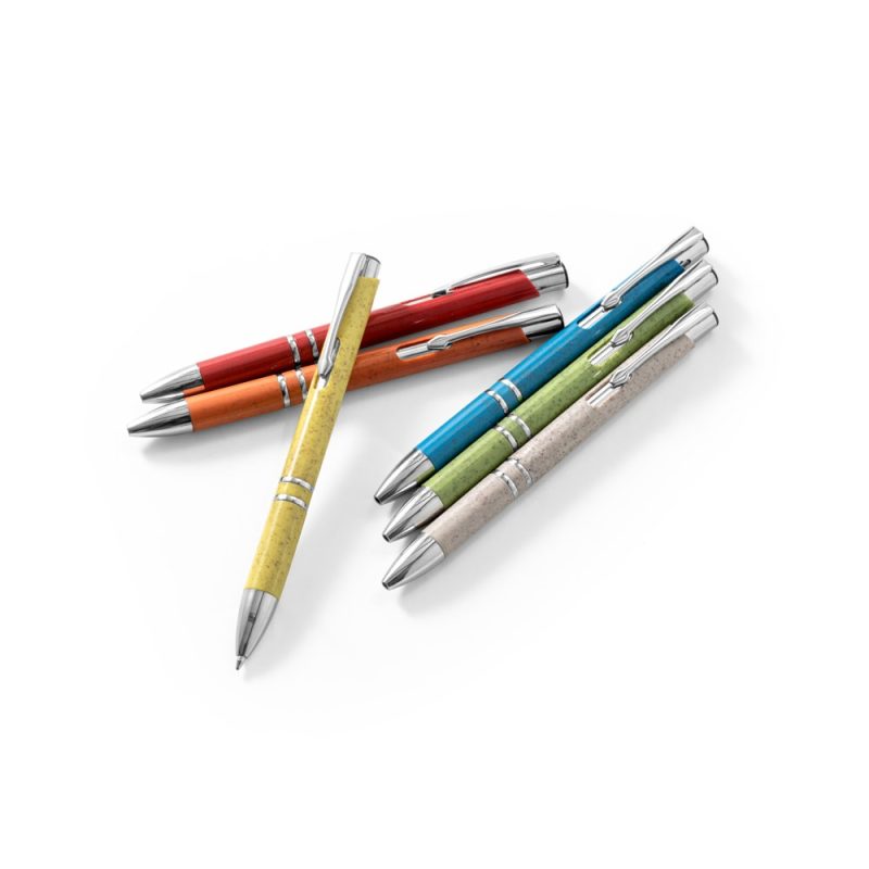 Set of colourful ballpoint pens on white background.