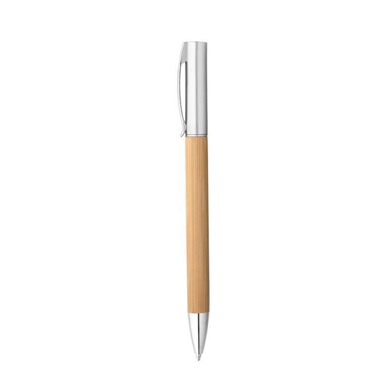 Bamboo pen with silver accents on white background.