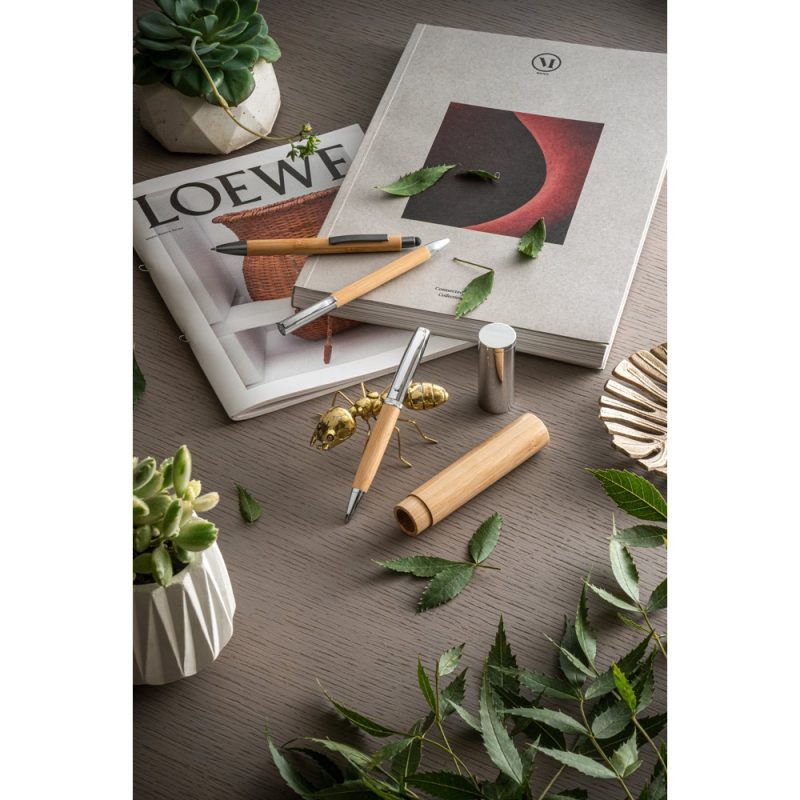 Books, pens, and leaves on a wooden desk.