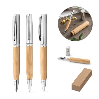 Elegant bamboo and metal pens with gift box.