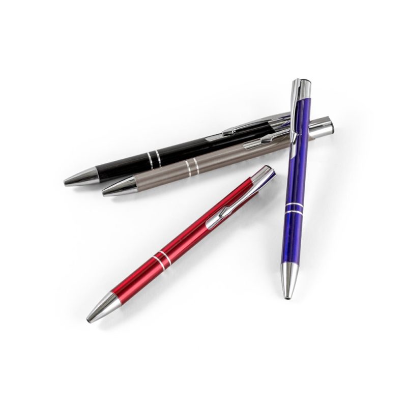 Assorted colourful metal pens on white background.