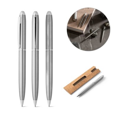 Stainless steel ballpoint pens with cork packaging.