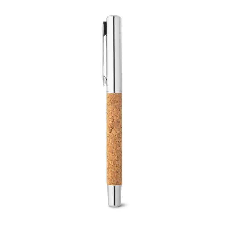 Cork and metal pen on white background.