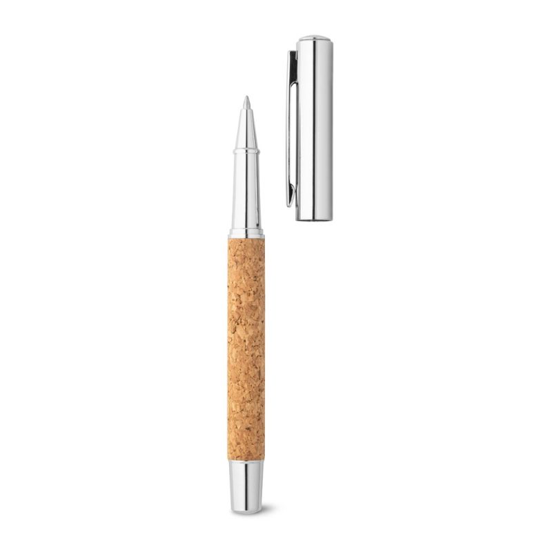 Cork-handled pen with detachable silver cap.