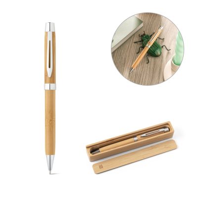 Bamboo pen set with case and magnified view.