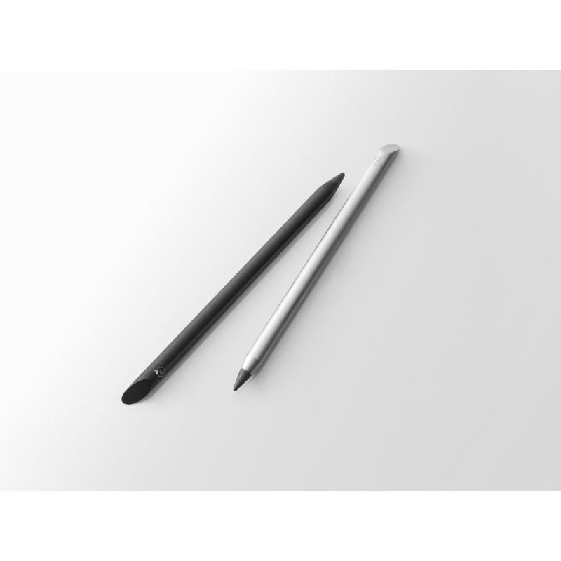 Two stylus pens, silver and black on white background.