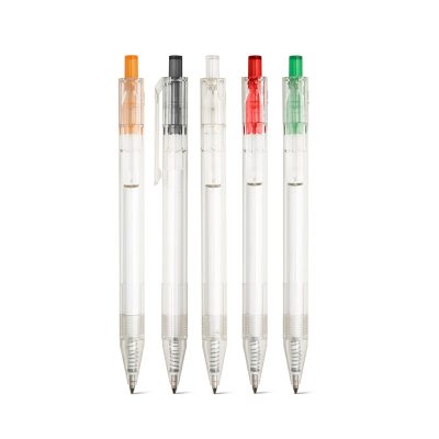 Five clear pens with coloured tops.