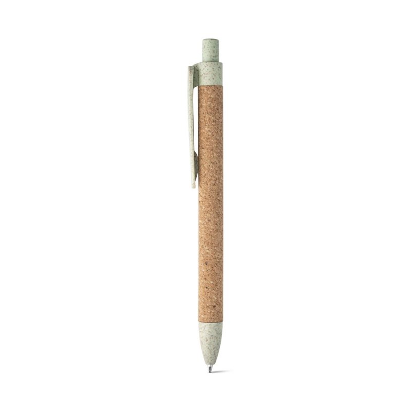 Eco-friendly cork ballpoint pen with green accents.