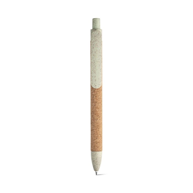Eco-friendly pen with cork and recycled material design.