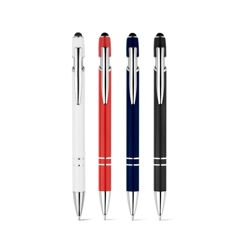 Four ballpoint pens: white, red, blue, black.